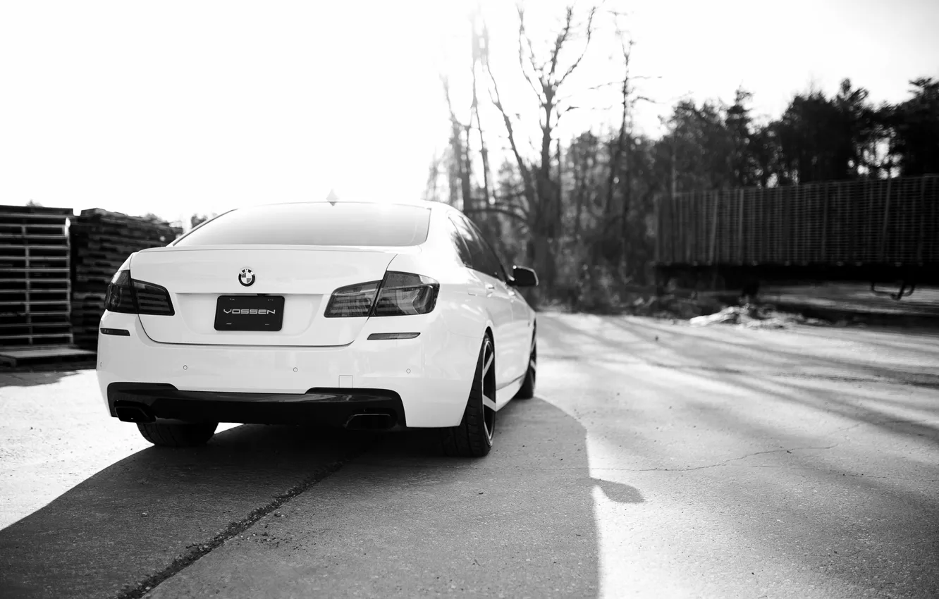 Photo wallpaper BMW, white, wheels, rear, F10, 5 Series, Vossen