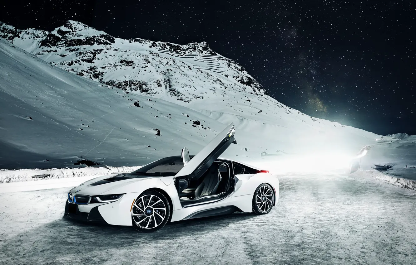 Photo wallpaper BMW, Sky, Front, Mountain, Snow, White, Ligth, Nigth