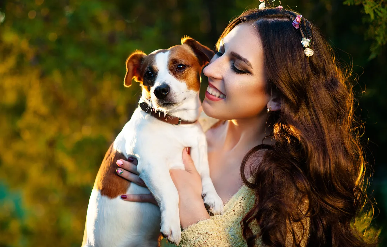 Photo wallpaper girl, nature, smile, dog, pet
