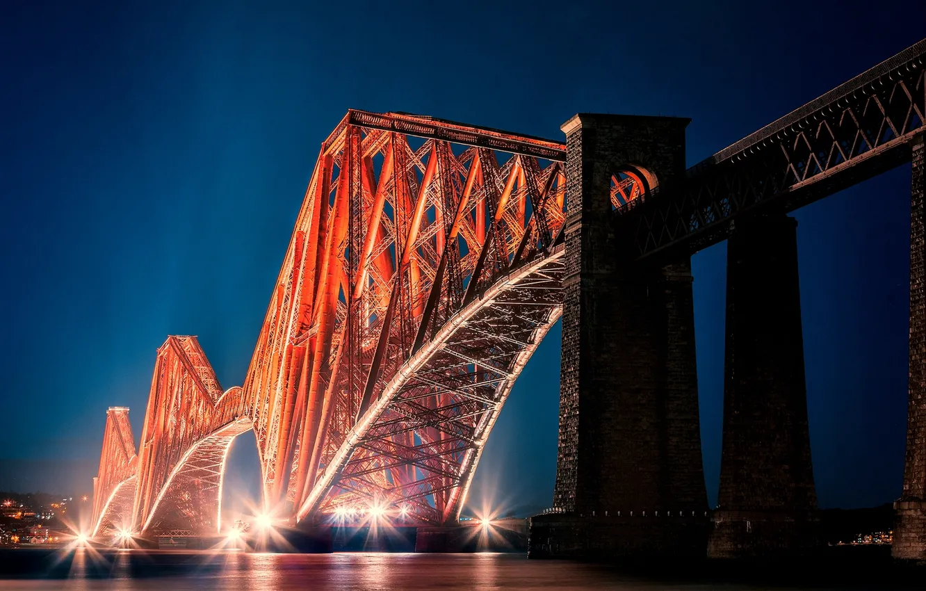 Photo wallpaper bridge, the city, lights, the evening, Scotland, backlight, Bay, Scotland