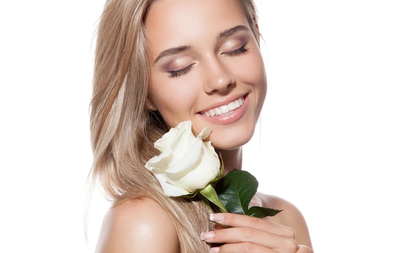 Photo wallpaper smile, blonde, white rose, Eyes closed