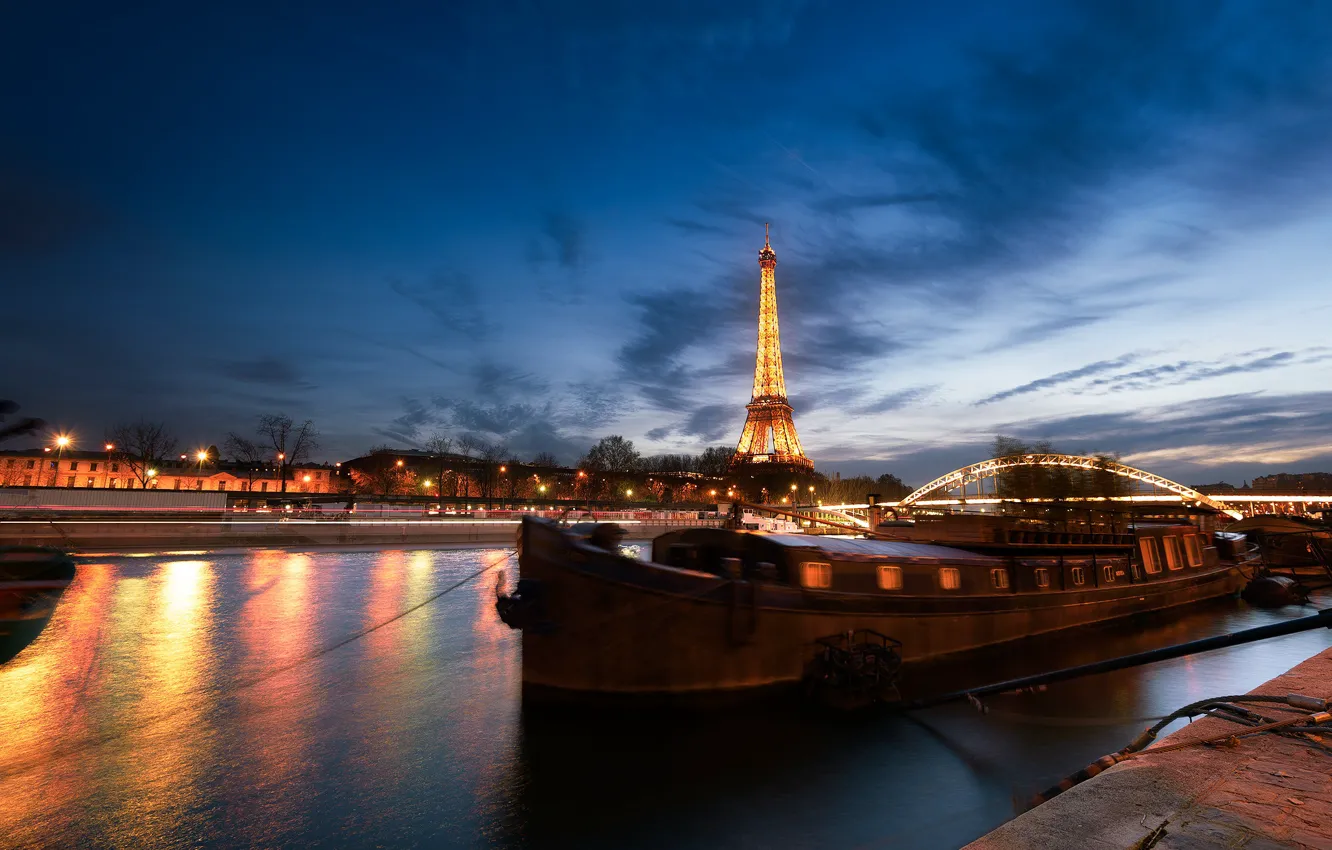 Photo wallpaper night, the city, river, France, Paris, lighting, barge