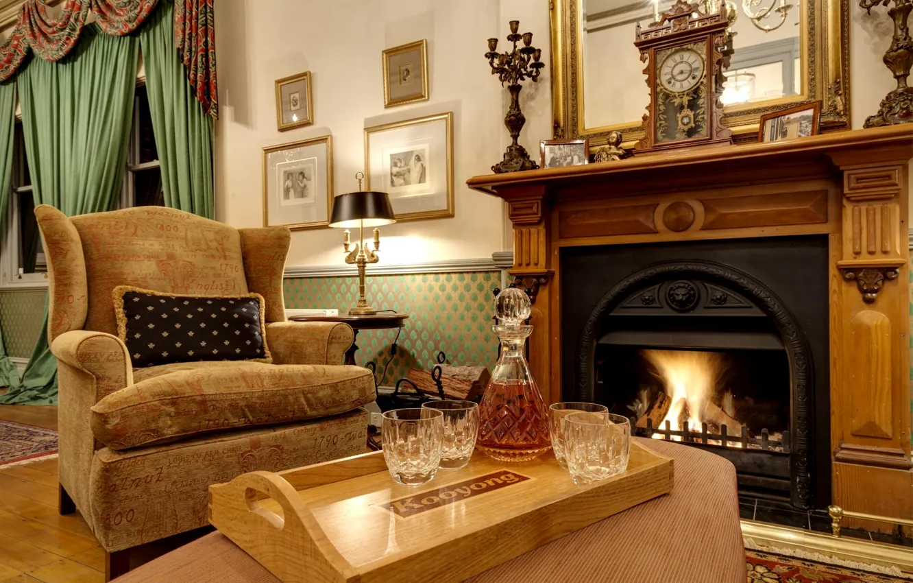 Photo wallpaper lights, watch, bottle, chair, fireplace, whiskey, living room