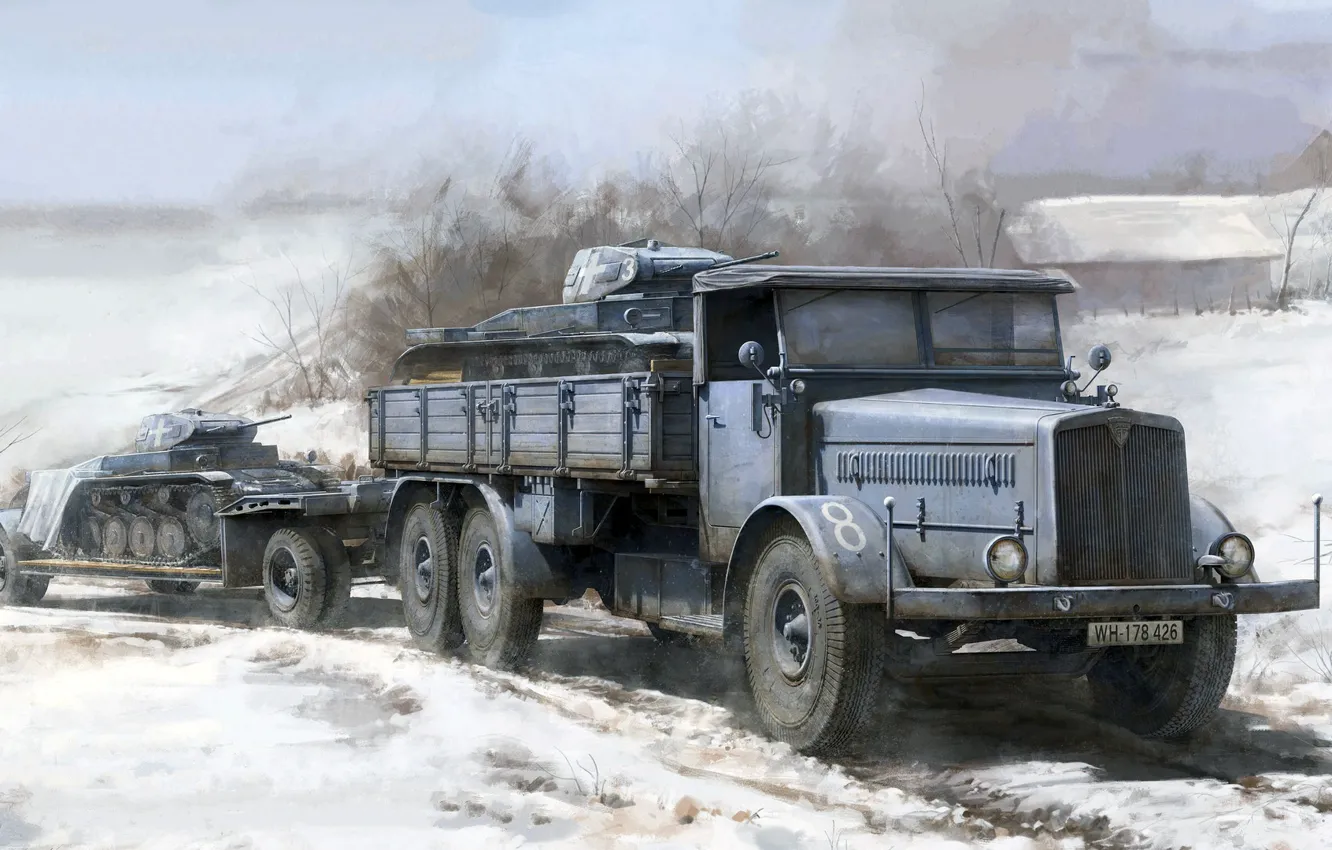Photo wallpaper Truck, tanks, transportation, Faun L900, trailer SdAh 115, PZ II