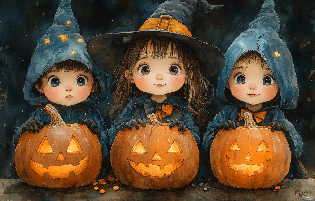 Photo wallpaper autumn, children, the dark background, holiday, hat, trio, cap, Jack
