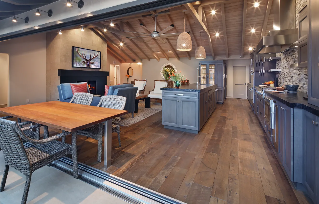 Photo wallpaper space, kitchen, fireplace, mansion, design, interior, kitchen