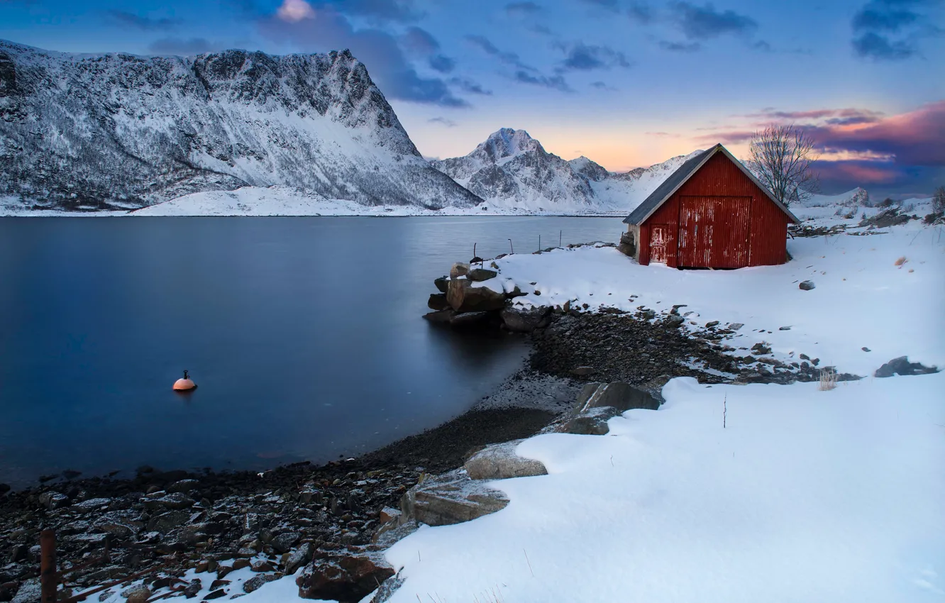 Photo wallpaper winter, sea, snow, mountains, home, Norway, Norway, the fjord