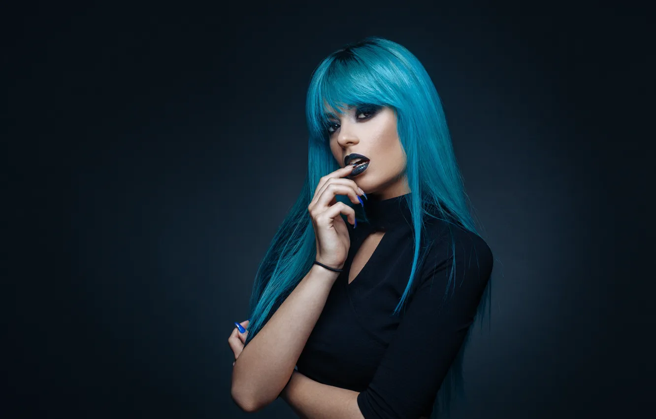 Photo wallpaper look, Gothic, makeup, blue hair, Nails painted