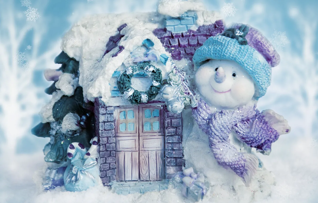 Photo wallpaper snow, decoration, smile, background, mood, holiday, new year, house