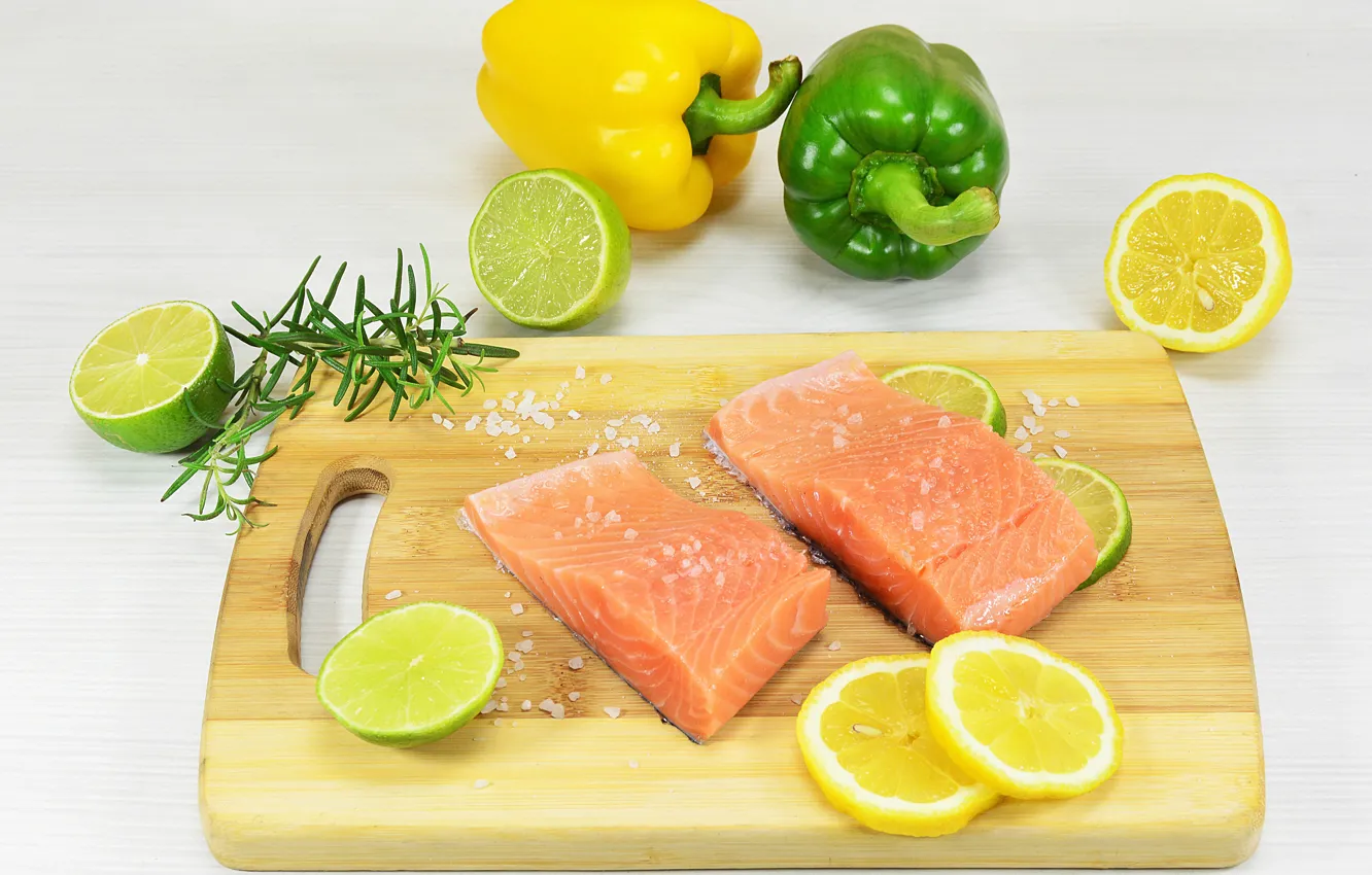 Photo wallpaper lemon, fish, lime, pepper