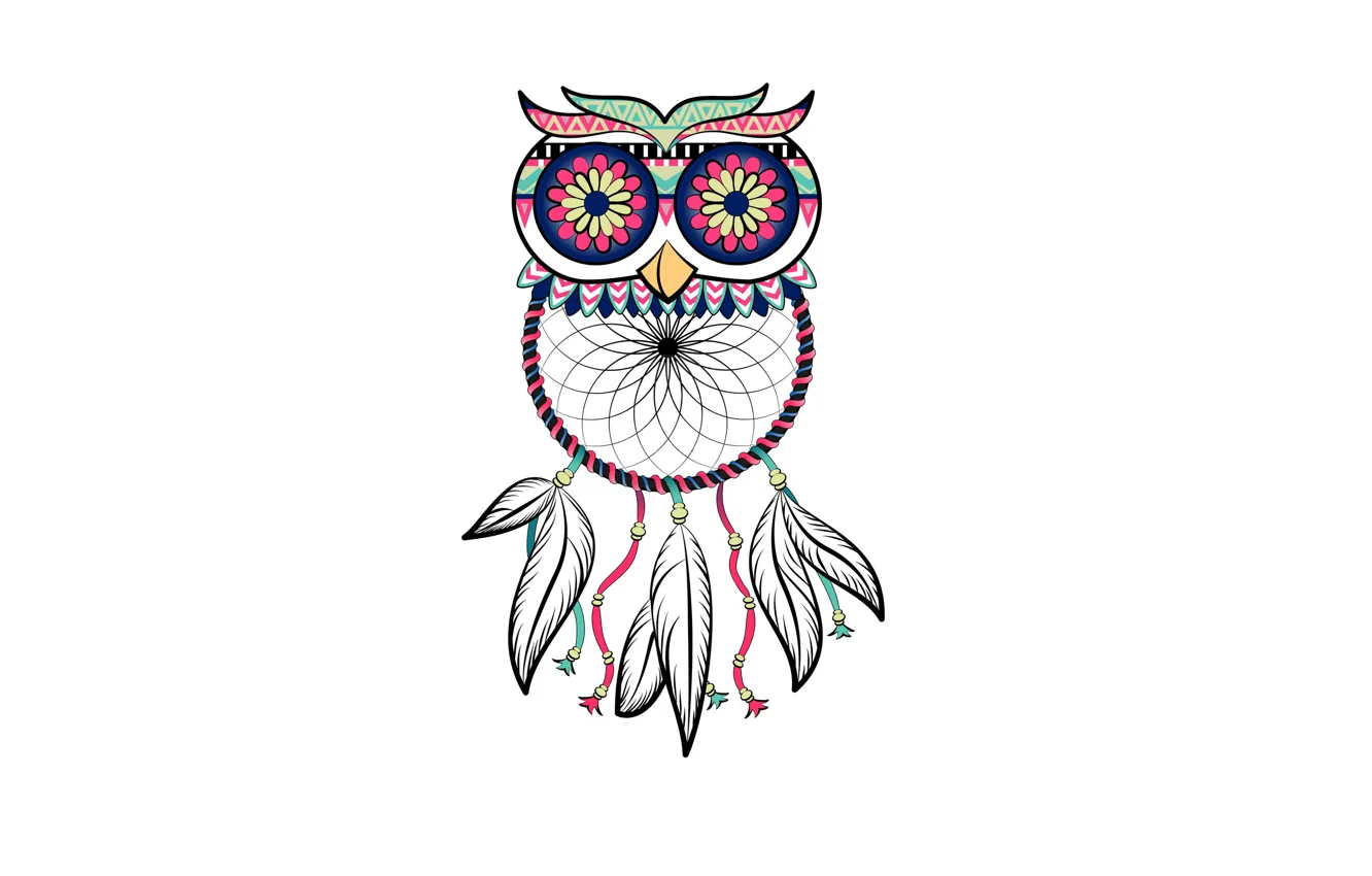 Photo wallpaper owl, bird, minimalism, feathers, light background, owl, Dreamcatcher, dreamcatcher