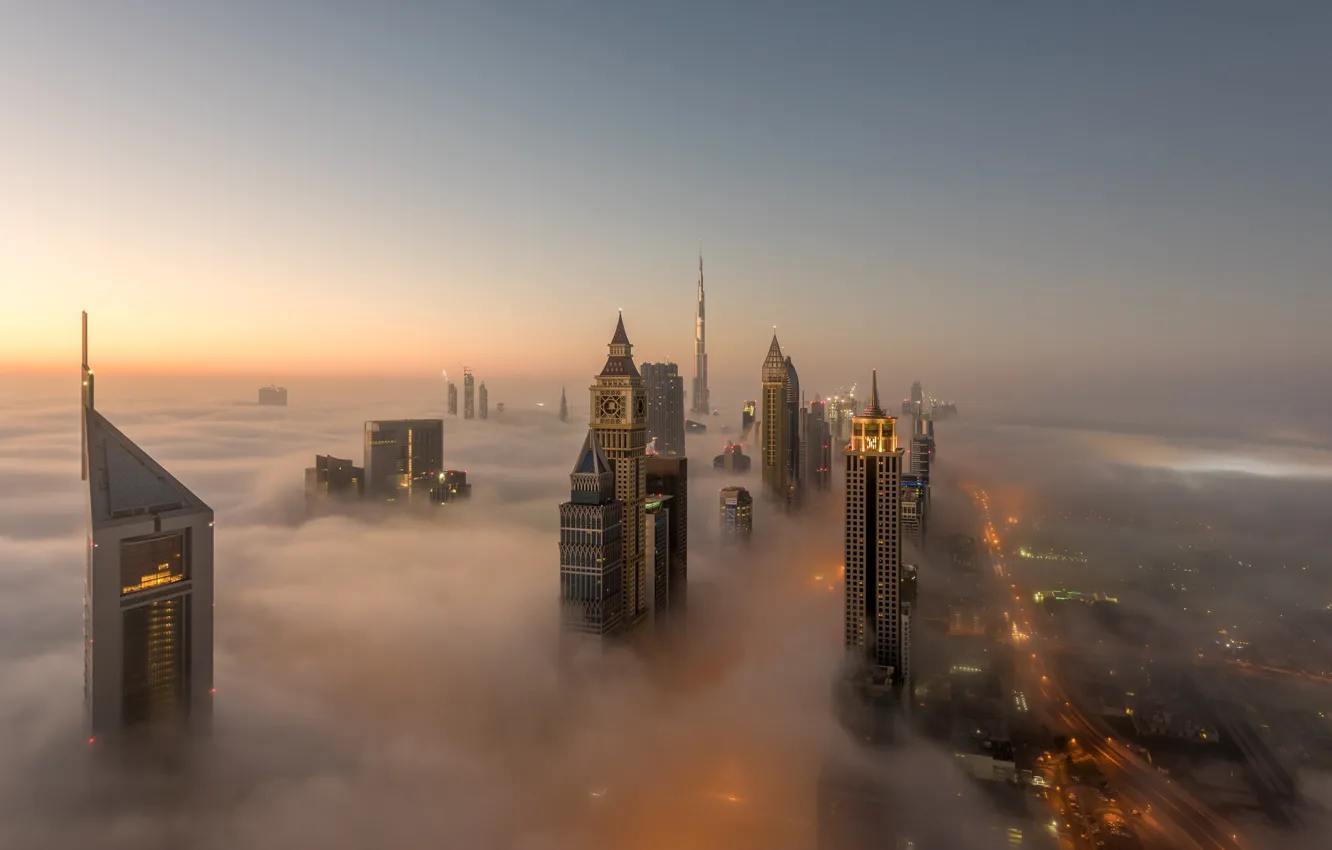 Photo wallpaper the sky, lights, fog, Dubai, UAE