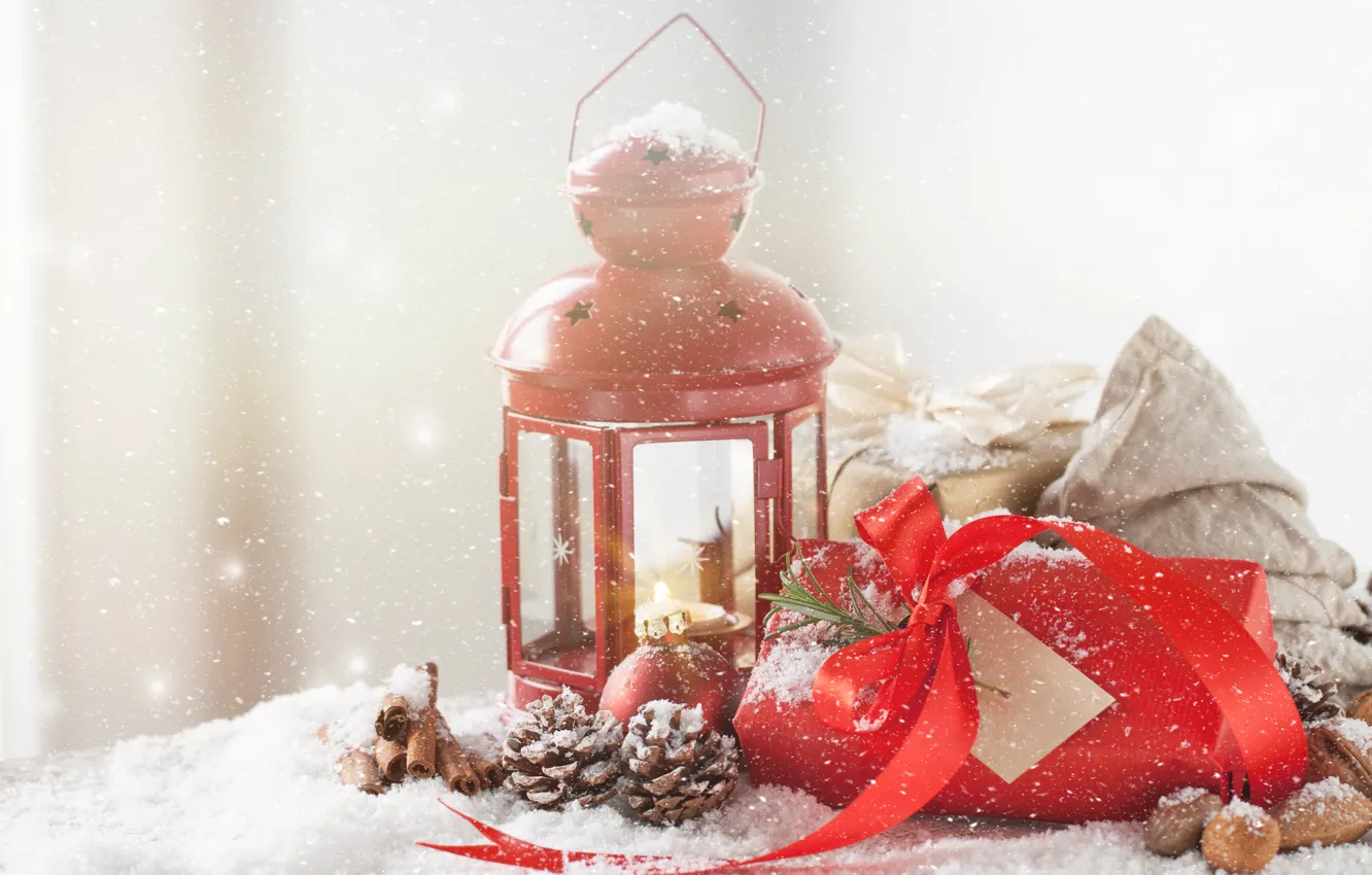 Photo wallpaper winter, snow, gift, lamp, new year, decor, spices, Valeria Maksakova