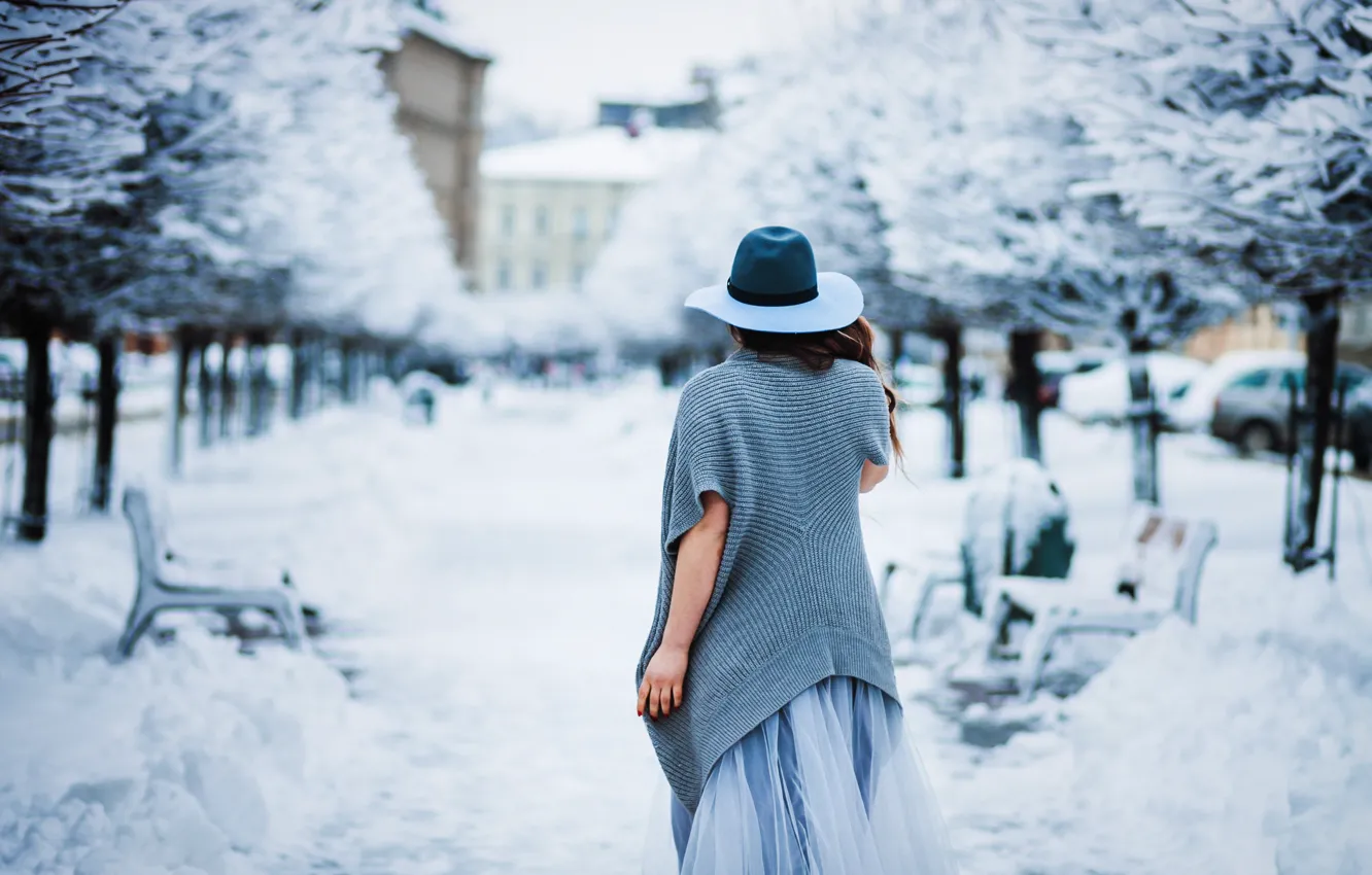 Photo wallpaper winter, frost, girl, snow, trees, bench, nature, the city