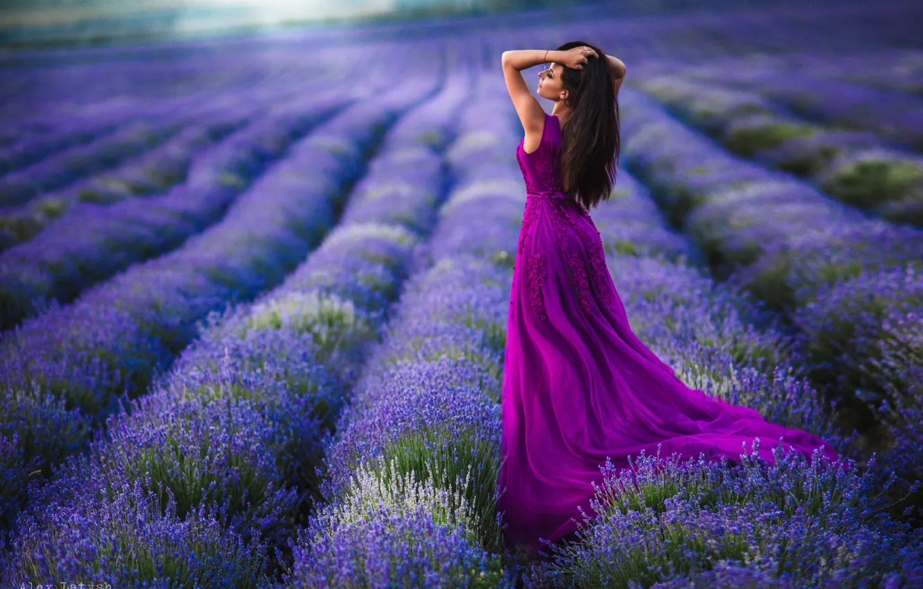 Photo wallpaper field, girl, pose, mood, dress, lavender, Alex Lett