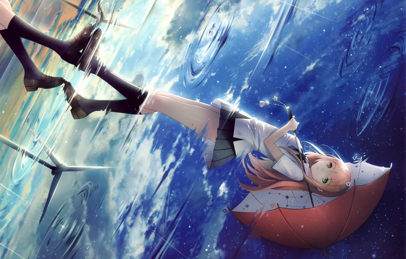 Photo wallpaper water, reflection, umbrella, puddle, windmills, schoolgirl, knee, vocaloid