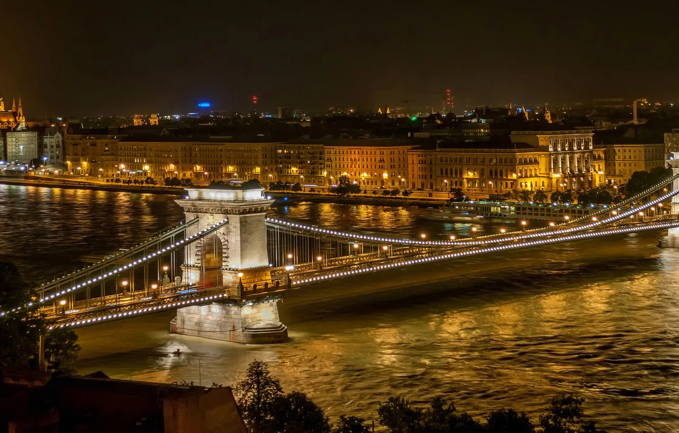 Photo wallpaper night, bridge, lights, river, Hungary, Budapest, The Danube