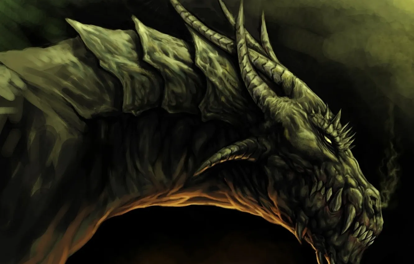 Photo wallpaper dragon, breath, fangs, horns