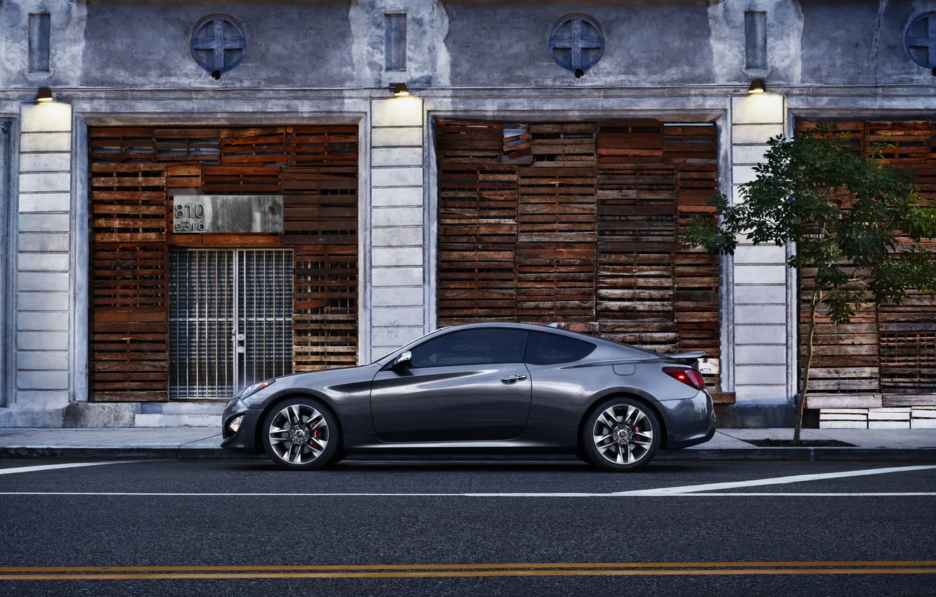 Photo wallpaper street, home, tree, Coupe, Hyundai, Hyundai Genesis