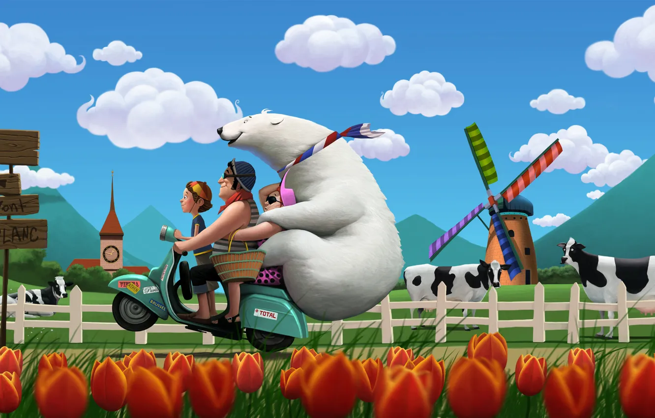 Photo wallpaper clouds, mountains, stay, figure, cows, bear, family, mill