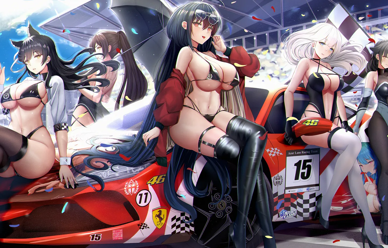 Photo wallpaper car, sexy, cleavage, thighhighs, long hair, legs, girls, boobs