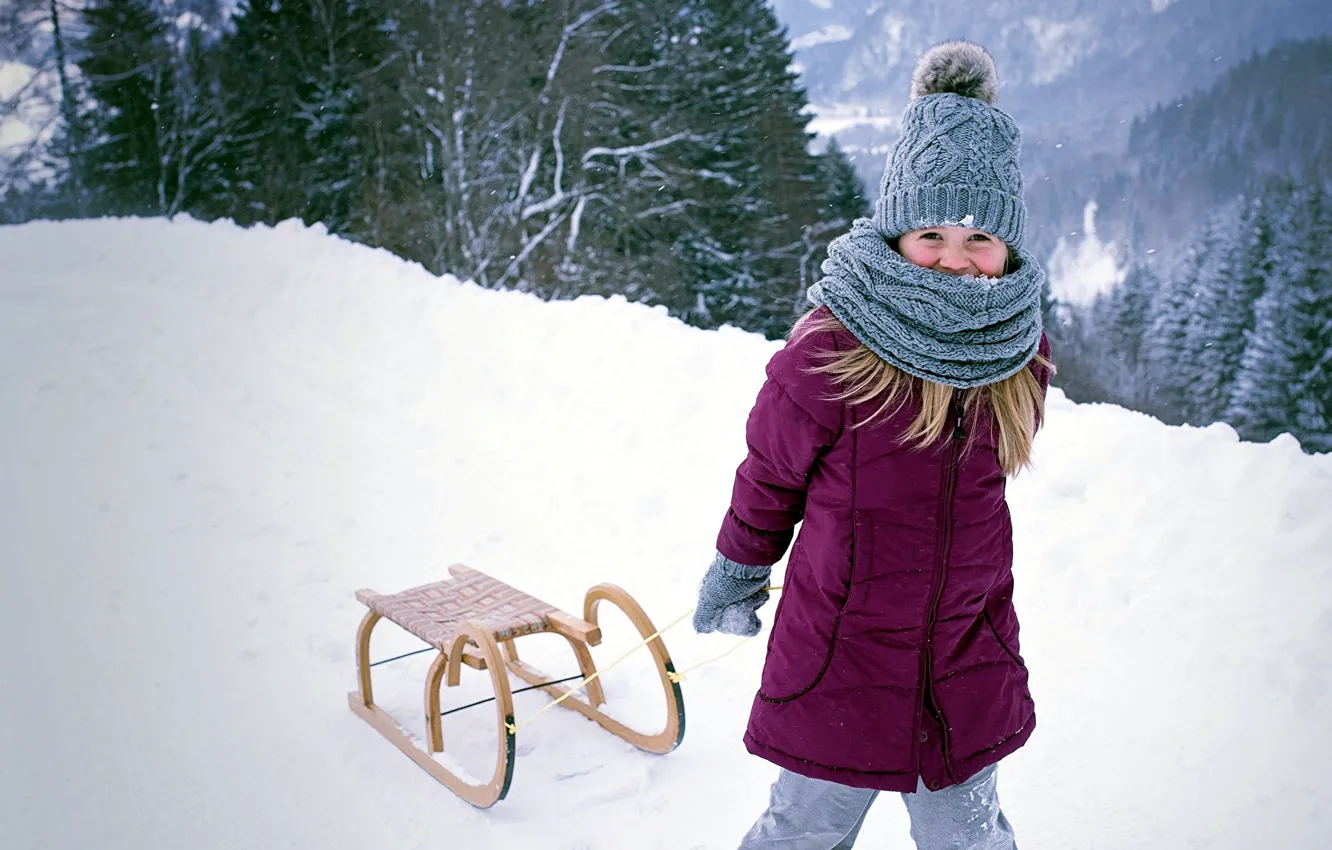 Photo wallpaper winter, girl, sled