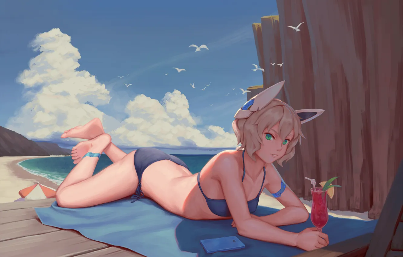 Photo wallpaper beach, swimsuit, girl, ears