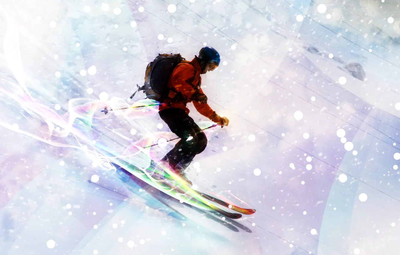 Photo wallpaper snow, mountains, lights, the descent, ski, neon, skier