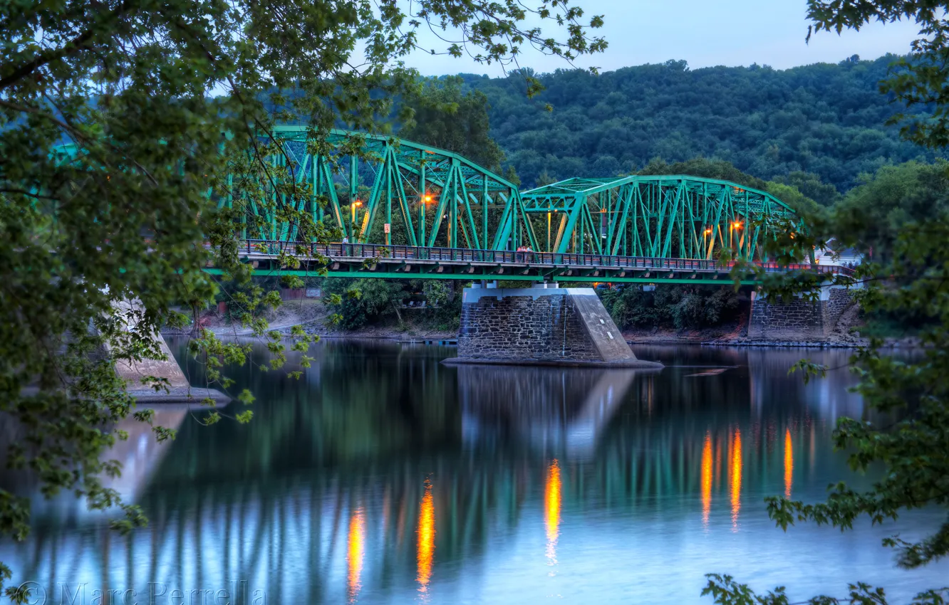 Photo wallpaper forest, trees, bridge, lights, reflection, river, the evening, support