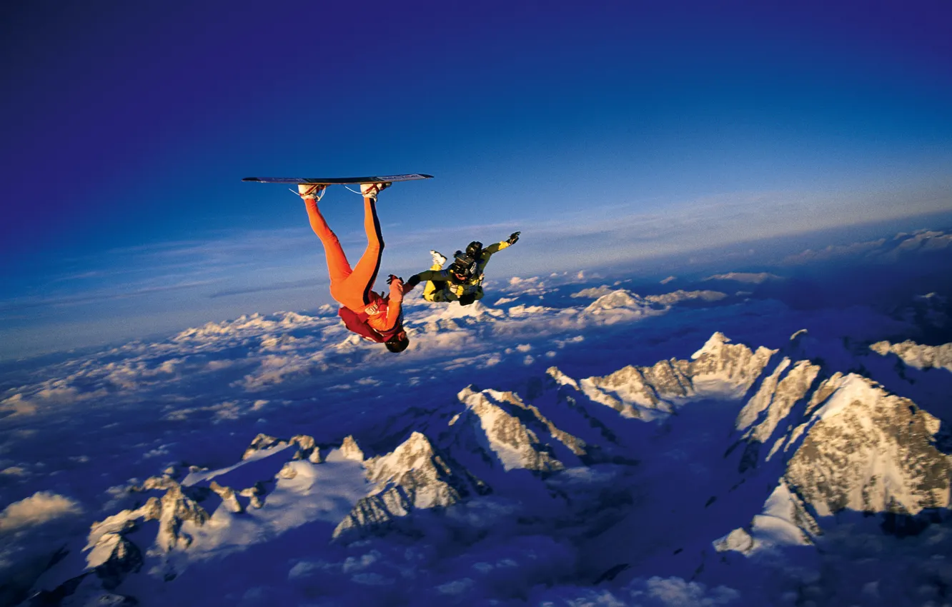 Photo wallpaper the sky, clouds, snow, mountains, Board, parachute, container, skydivers