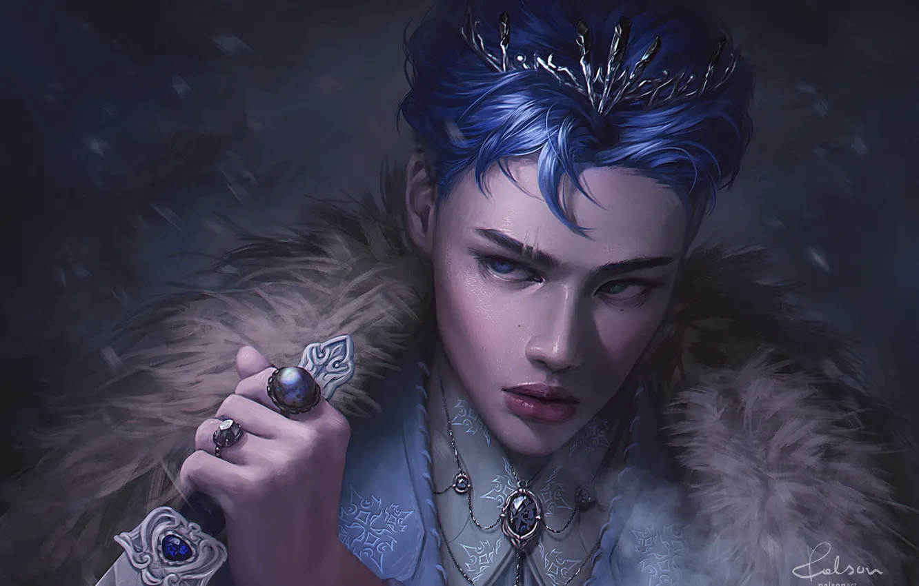 Photo wallpaper face, weapons, blue eyes, blue hair, blade, bokeh, digital art, digital art