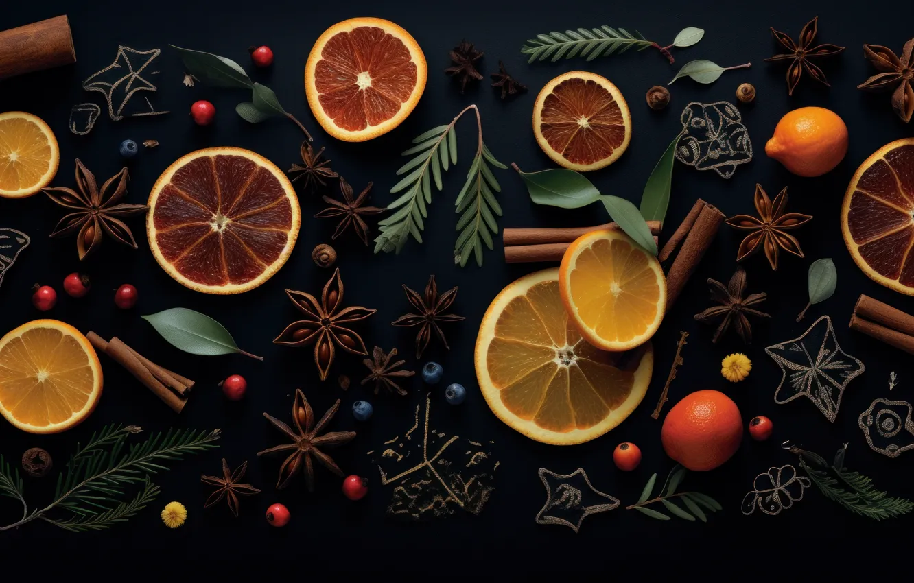 Photo wallpaper berries, the dark background, new year, orange, blueberries, Christmas, citrus, cinnamon