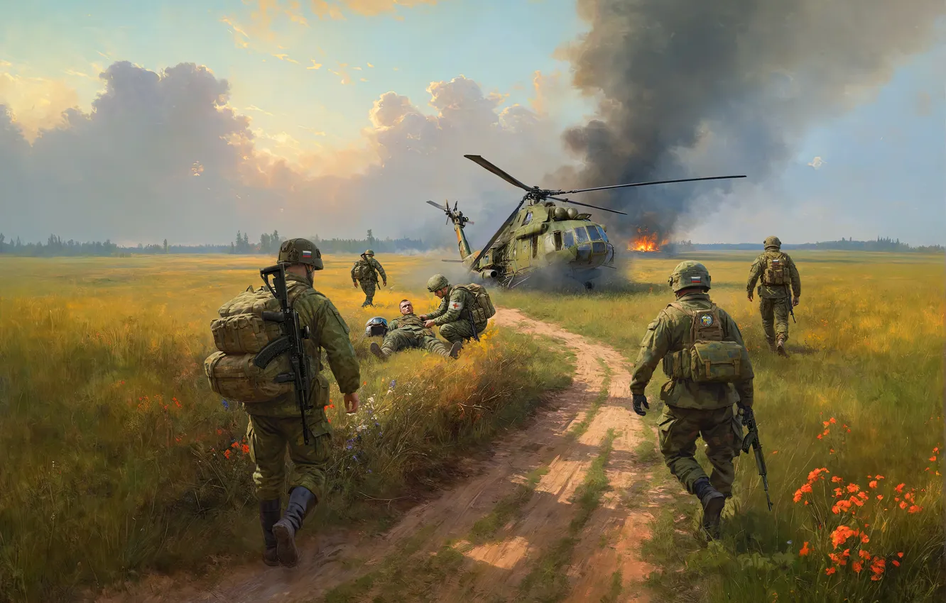 Photo wallpaper field, war, smoke, art, soldiers, helicopter, Russia, Ukraine