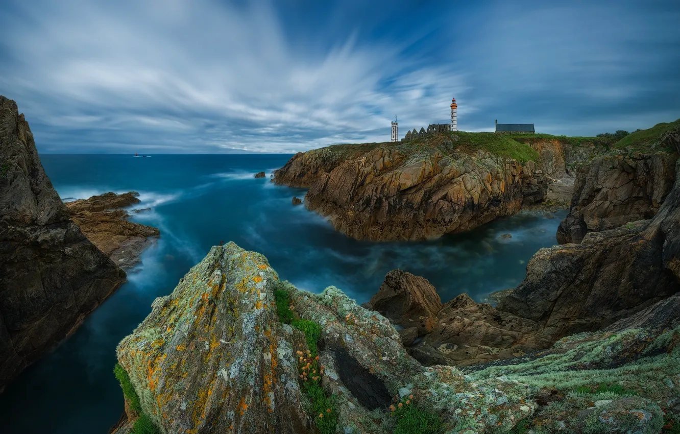 Photo wallpaper sea, rocks, lighthouse, on the edge