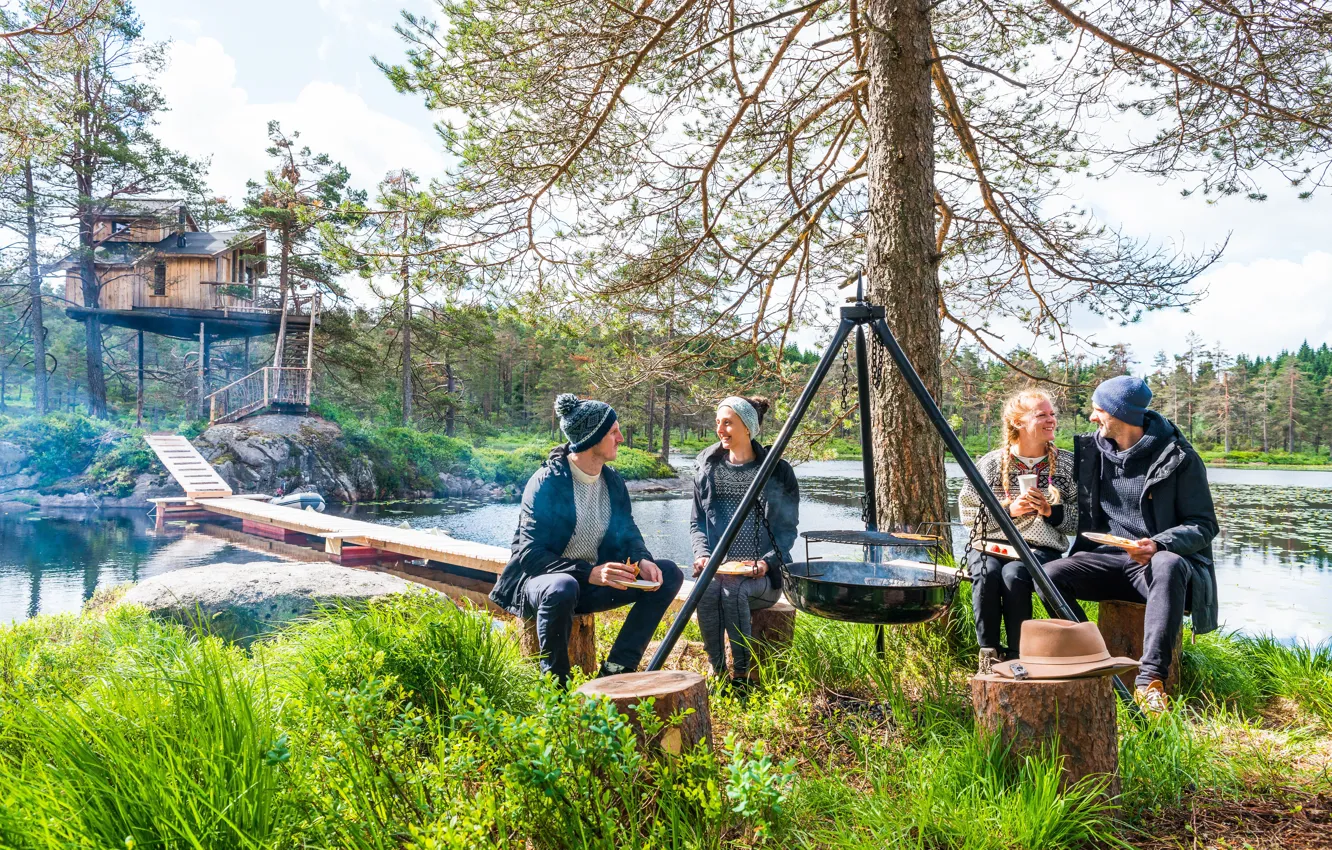 Photo wallpaper summer, trees, people, summer, river, Lyngdal, Friends eating around a bonfire, Friends have dinner by …
