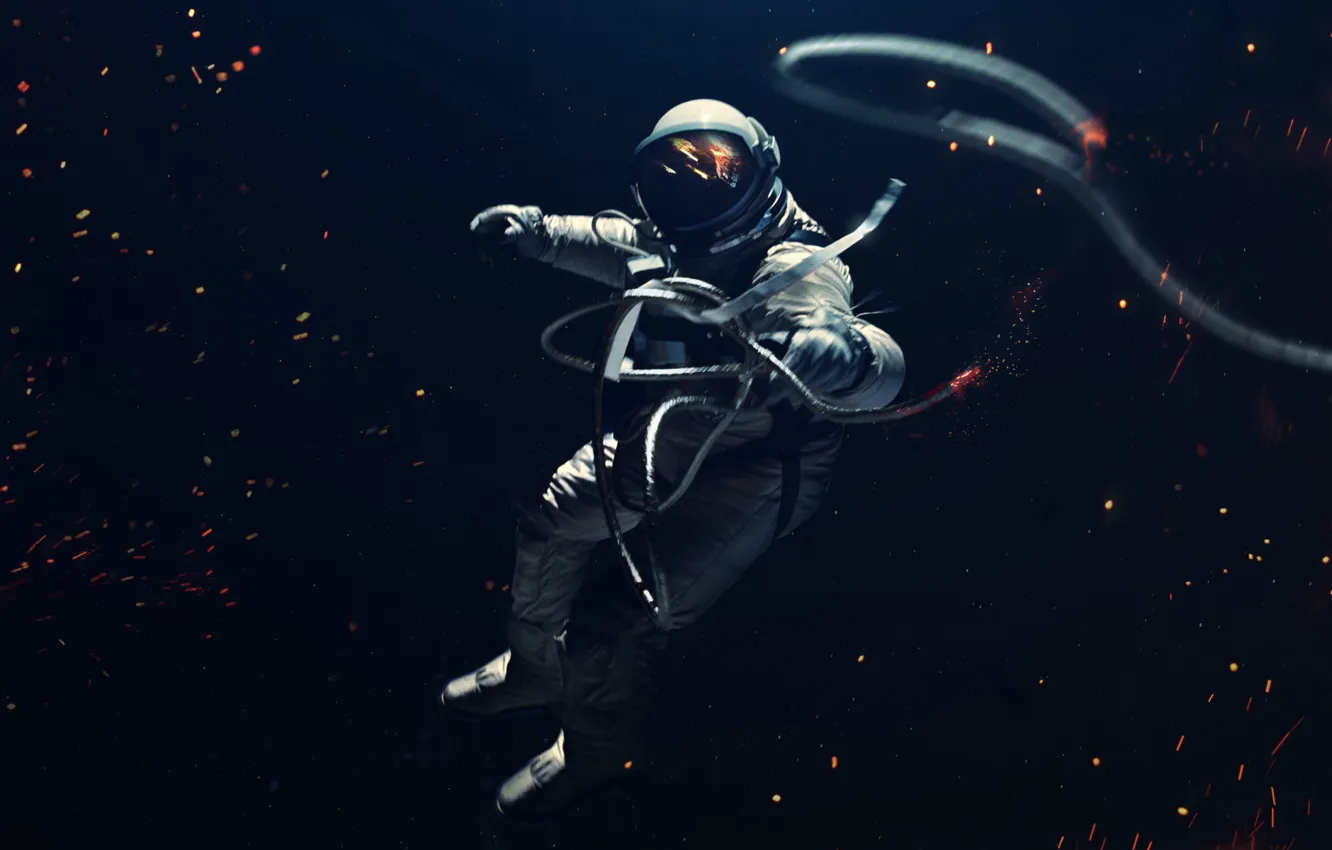 Photo wallpaper open, astronaut, the suit, sparks, costume, universe, Galaxy, science fiction