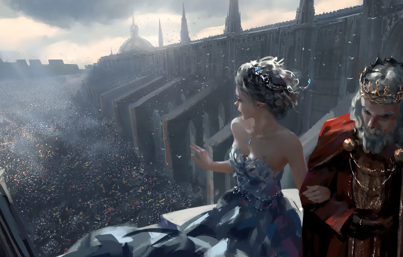 Photo wallpaper girl, fantasy, party, cathedral, dress, crown, man, crowd