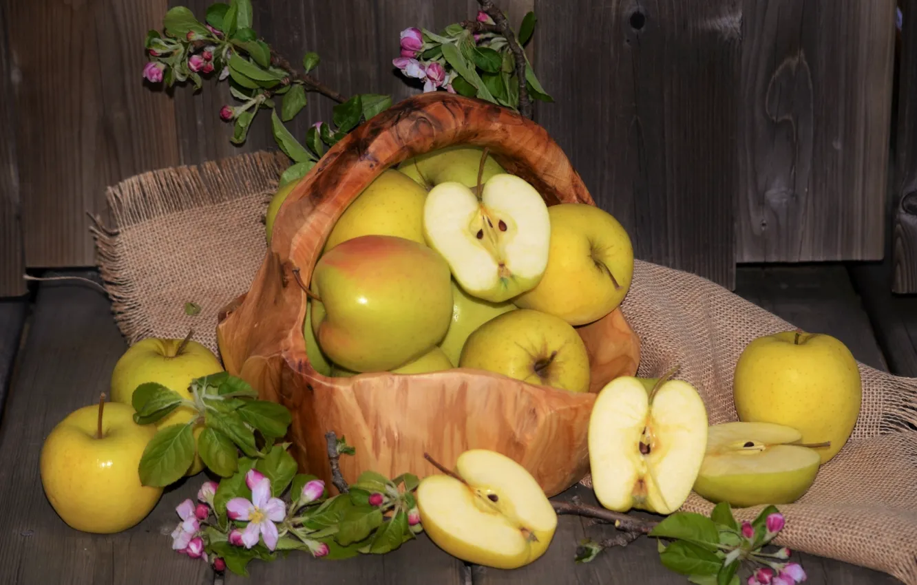Photo wallpaper flowers, basket, apples, fruit