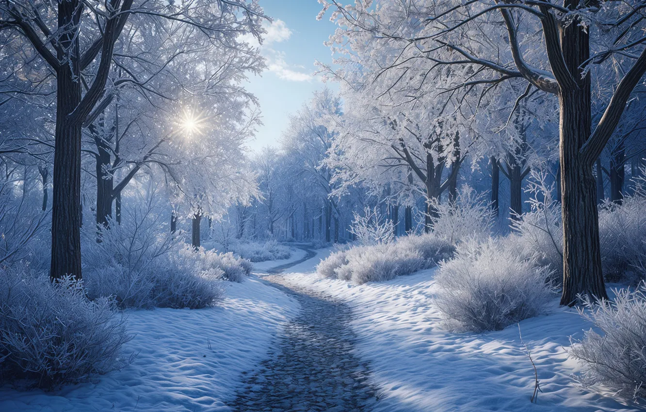 Photo wallpaper winter, frost, forest, the sky, the sun, clouds, snow, trees