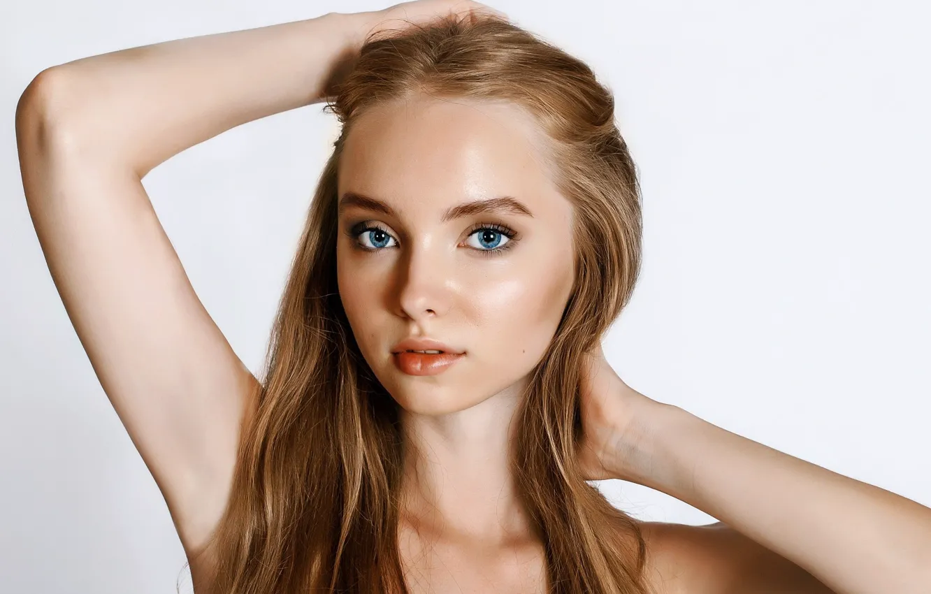 Photo wallpaper look, pose, model, portrait, hands, makeup, hairstyle, white background