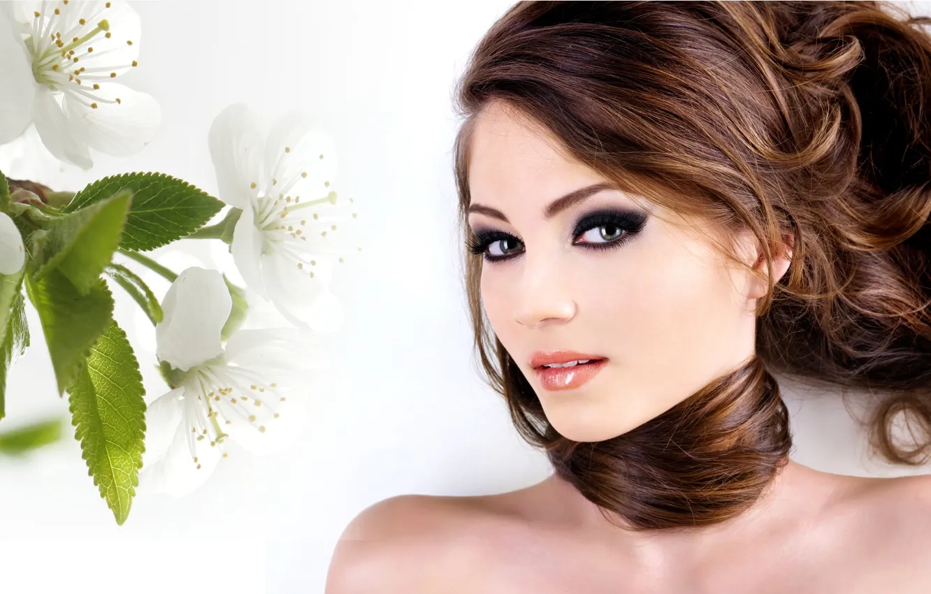 Photo wallpaper look, girl, flowers, smile, makeup, inflorescence, long-haired