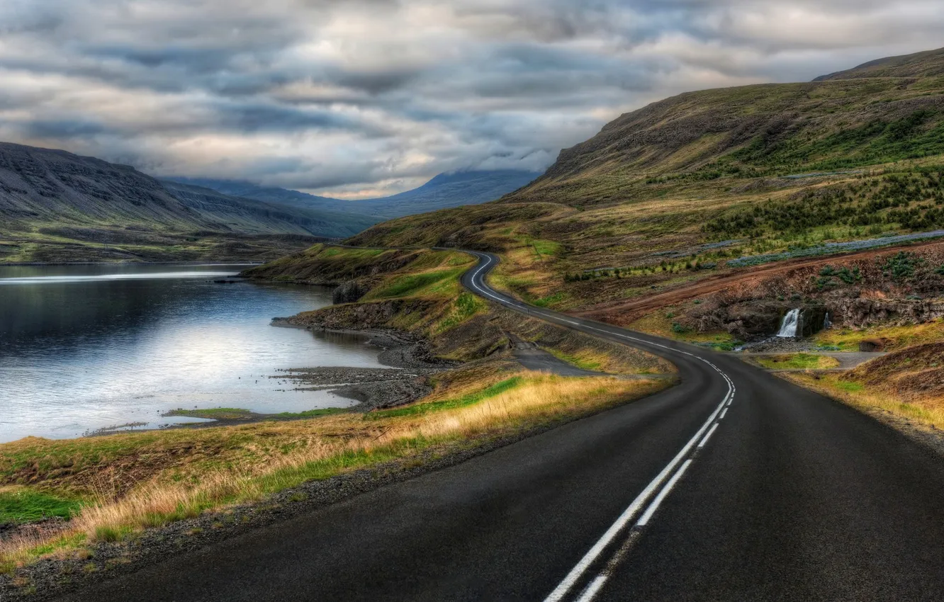 Photo wallpaper road, the sky, clouds, mountains, lake, HDR