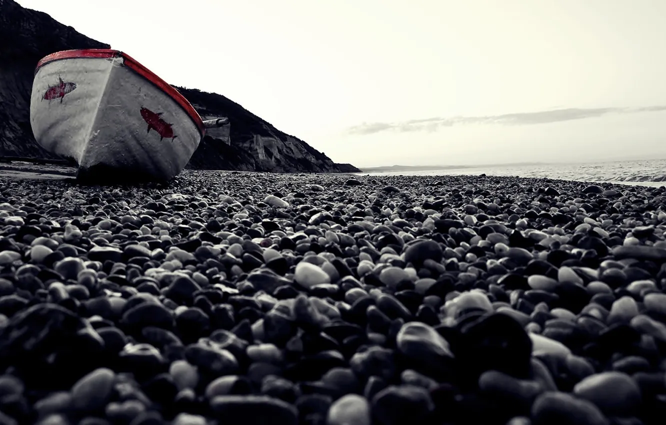 Photo wallpaper sea, macro, pebbles, shore, boat, beach. stones