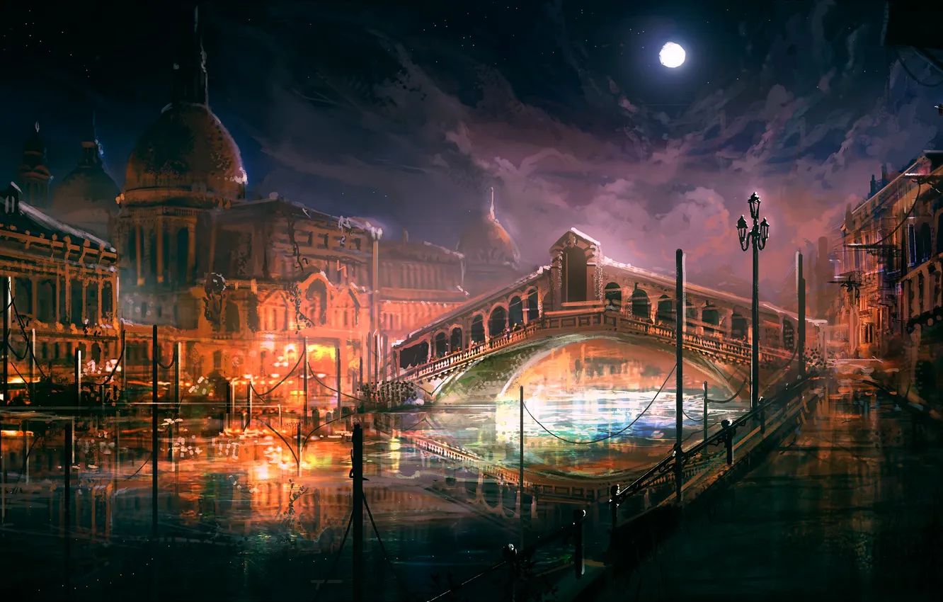 Photo wallpaper night, bridge, the city, river, the moon, art, Venice, the full moon