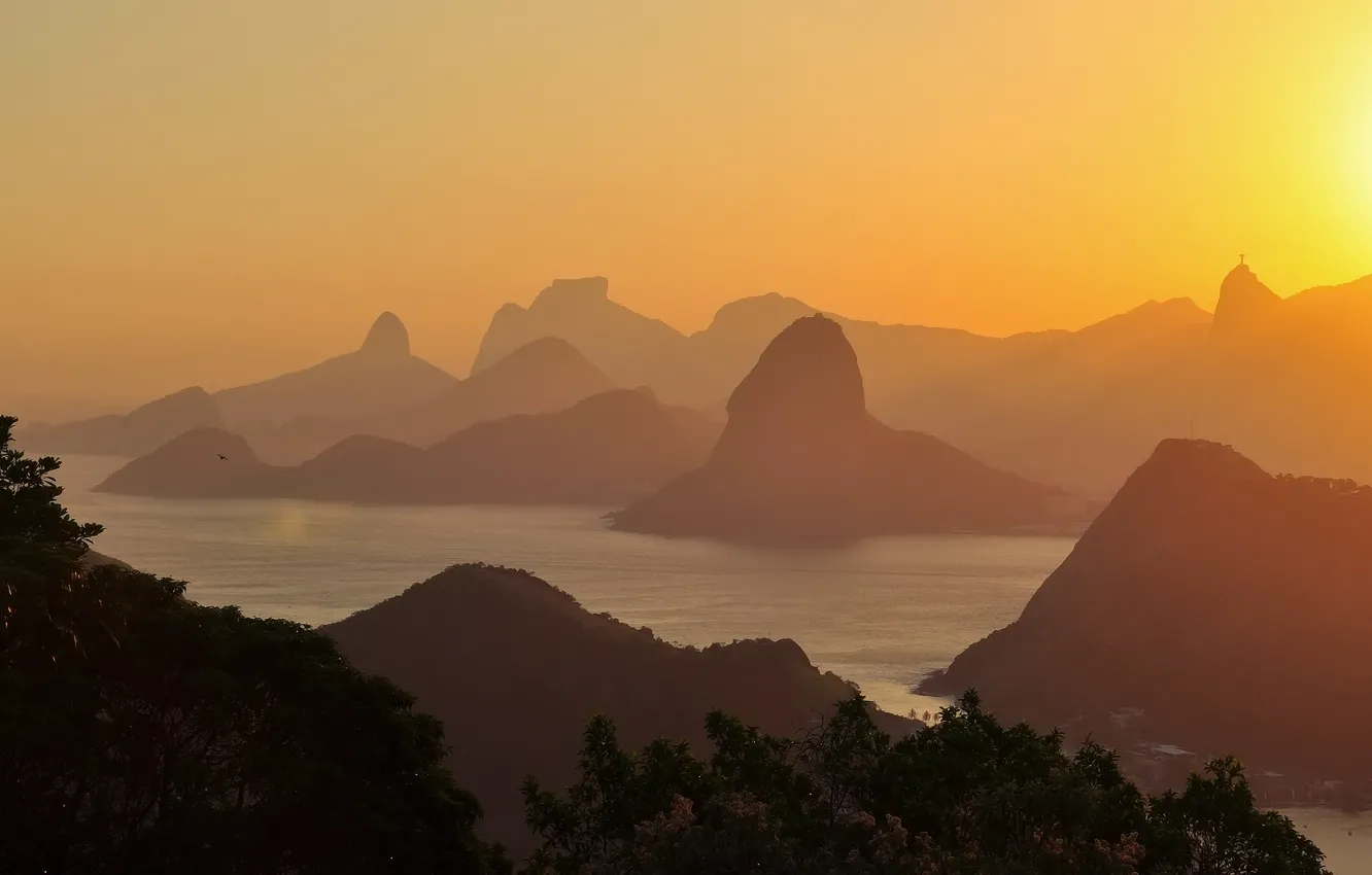 Photo wallpaper sea, the sky, sunset, mountains, hills, gold, Brazil