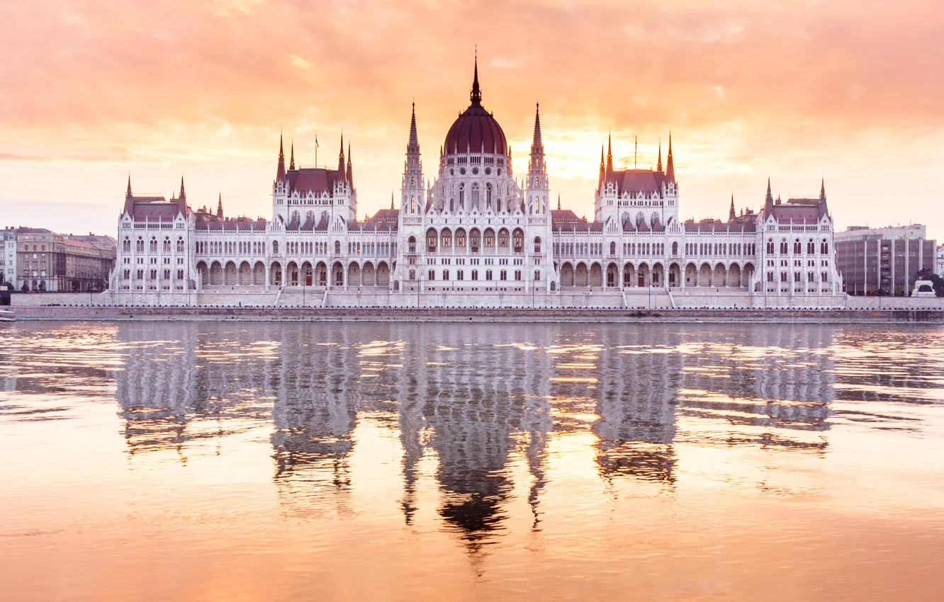 Photo wallpaper reflection, river, Parliament, Hungary, Budapest, The Danube