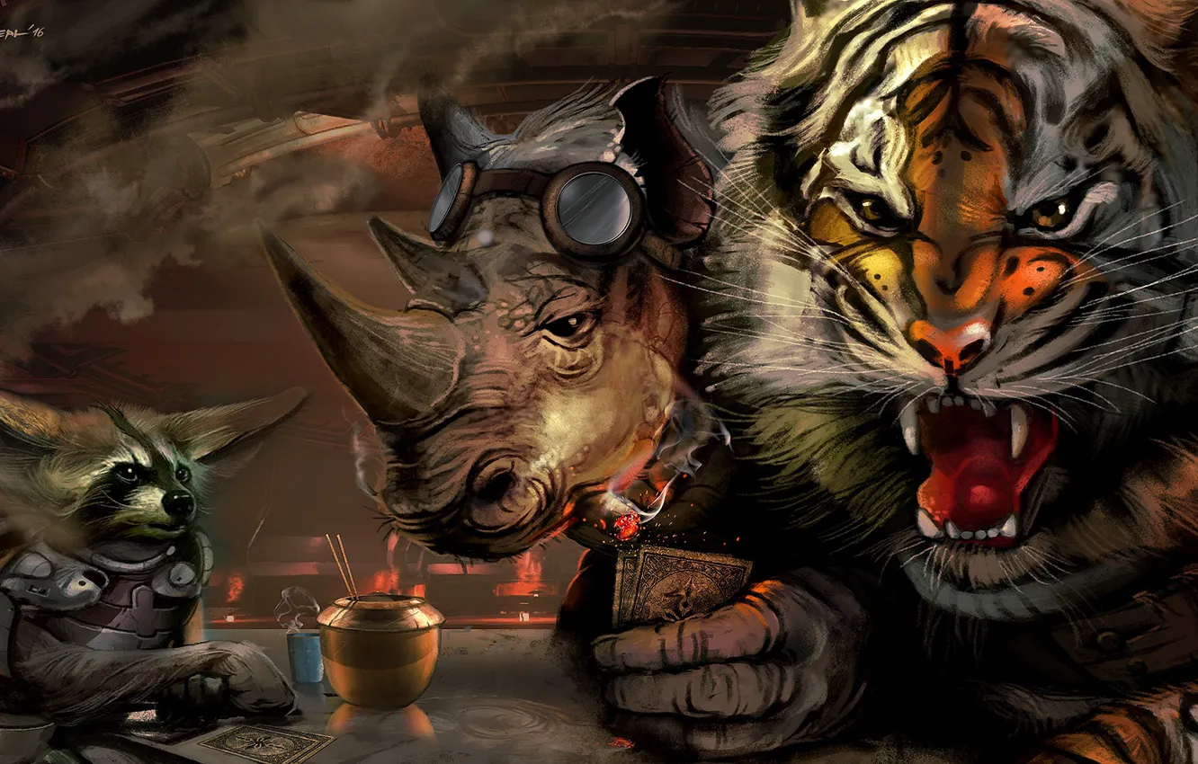 Photo wallpaper The game, Tiger, Animals, Art, Raccoon, Conspiracy, Rhino, Characters