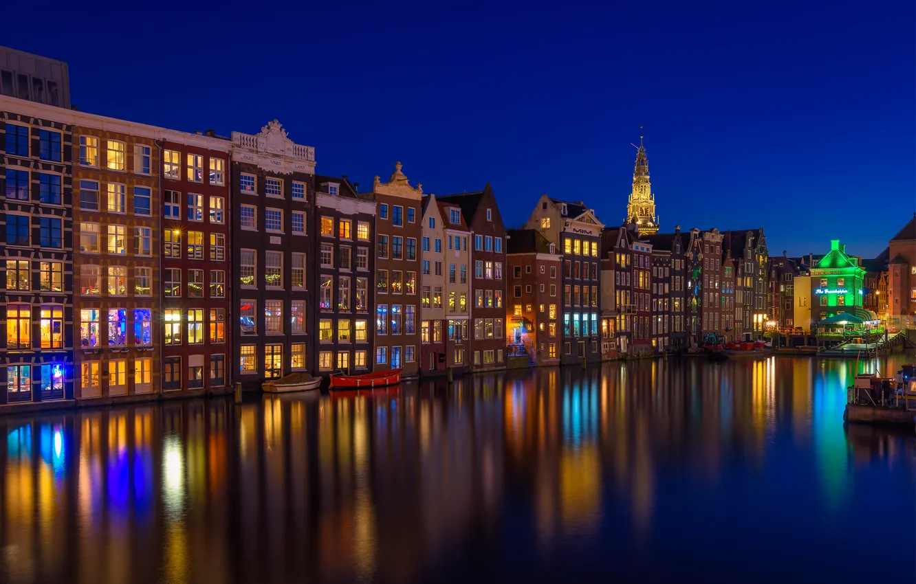 Photo wallpaper building, home, Amsterdam, channel, Netherlands, night city, Amsterdam, Netherlands