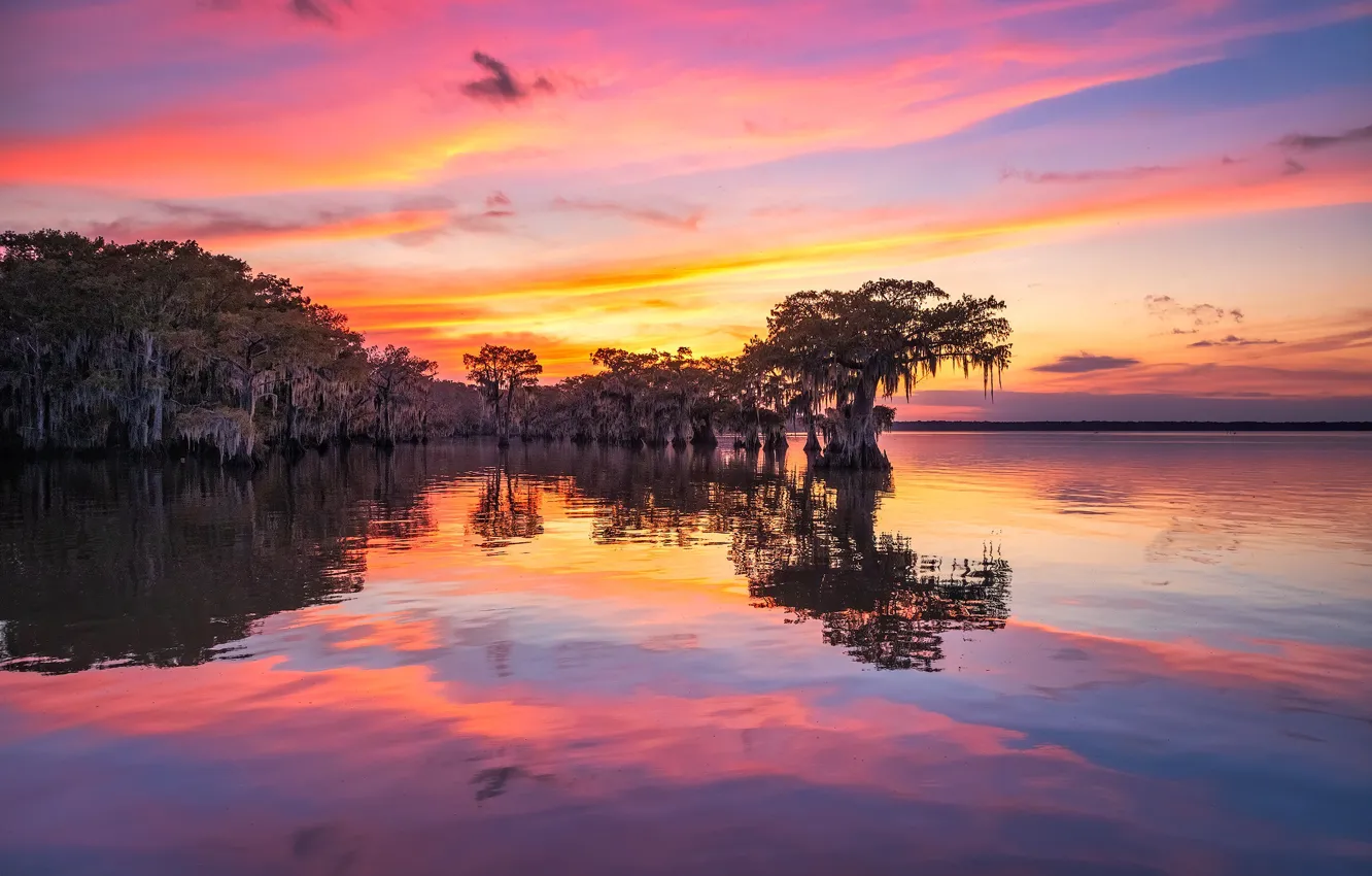 Photo wallpaper the sky, clouds, trees, sunset, reflection, shore, pond