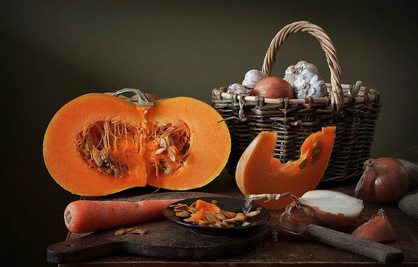 Photo wallpaper table, food, bow, still life, basket, carrots, composition, garlic